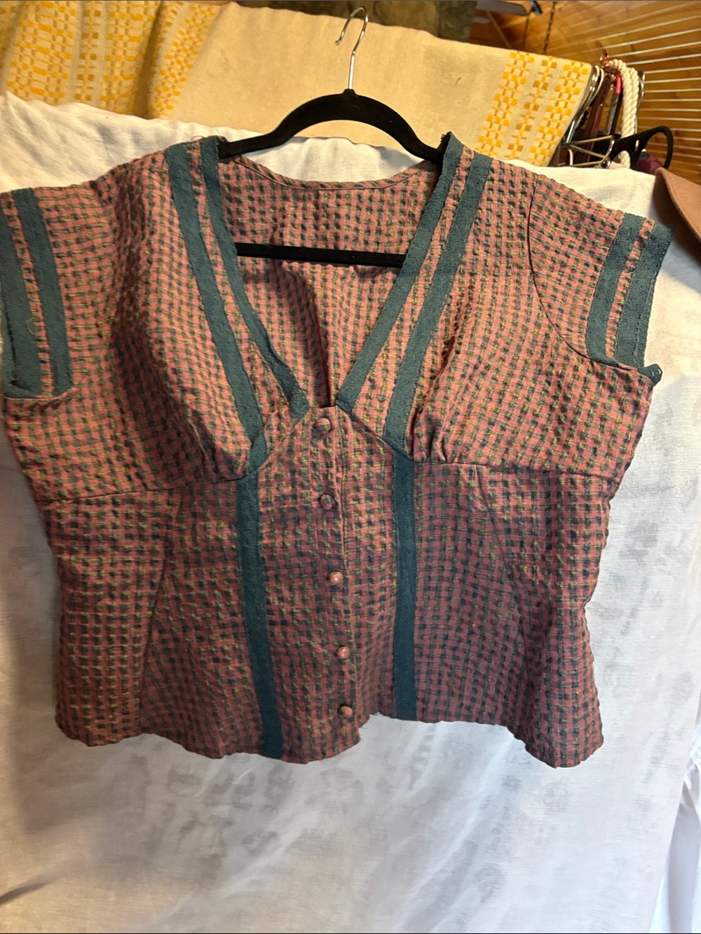 Button-Front Women's Top in Rust with Teal Trim